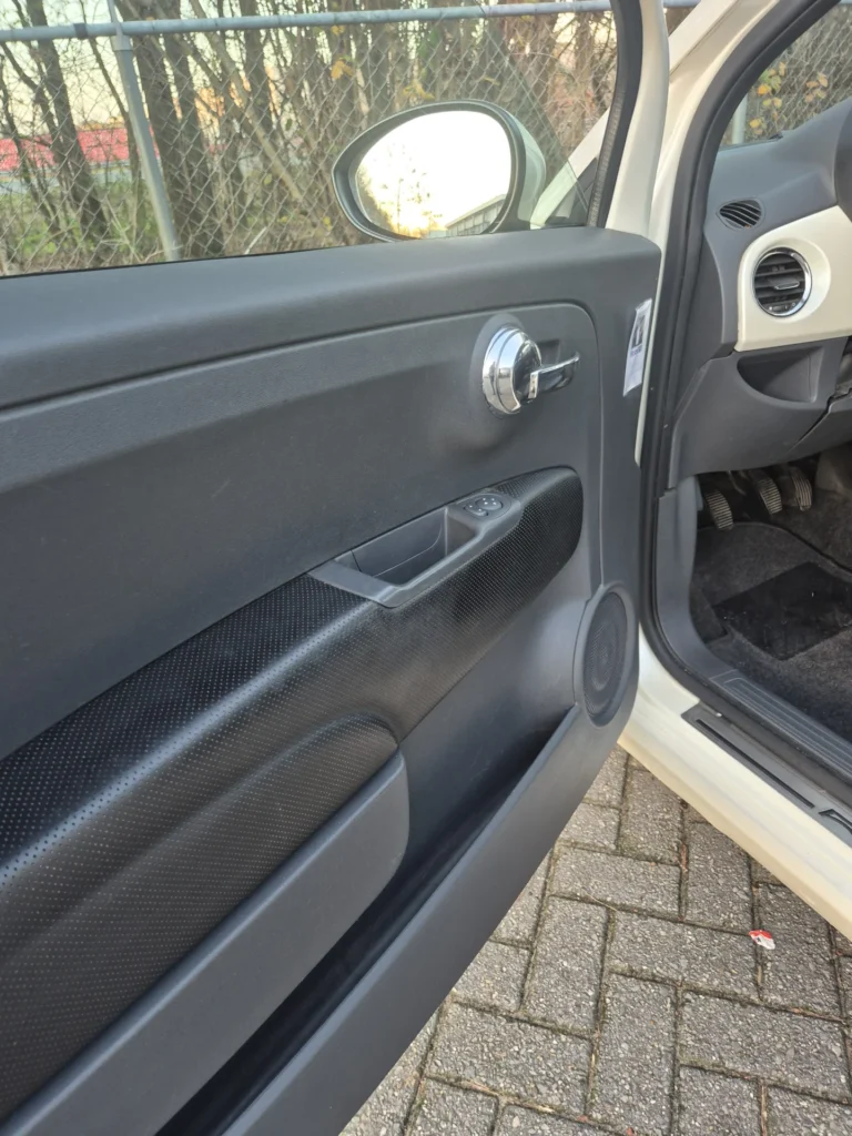 Open autodeur met zicht op deurpaneel en zijspiegel.