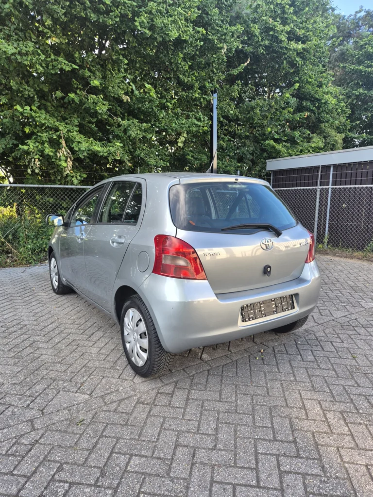 Zilveren hatchback geparkeerd op een stenen parkeerplaats naast een hek en bomen.